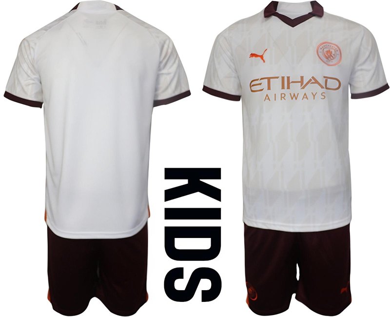 Dětský venkovní fotbalový dres Man City 23/24 bílý Krátký Rukáv + černý trenýrky