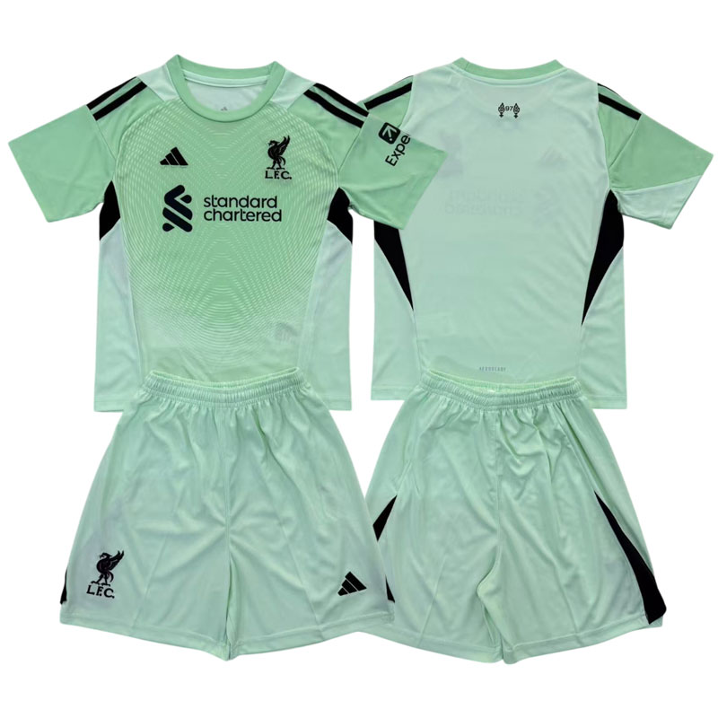 Dětský brankářský dres Liverpool 2025/26 - zelený komplet s tričkem a šortkami