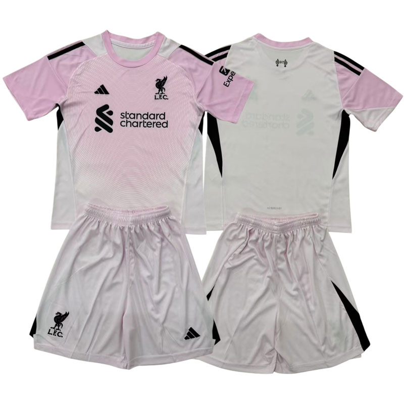 Světle růžový dětský brankářský dres Liverpool 2025/26 triko a kraťasy