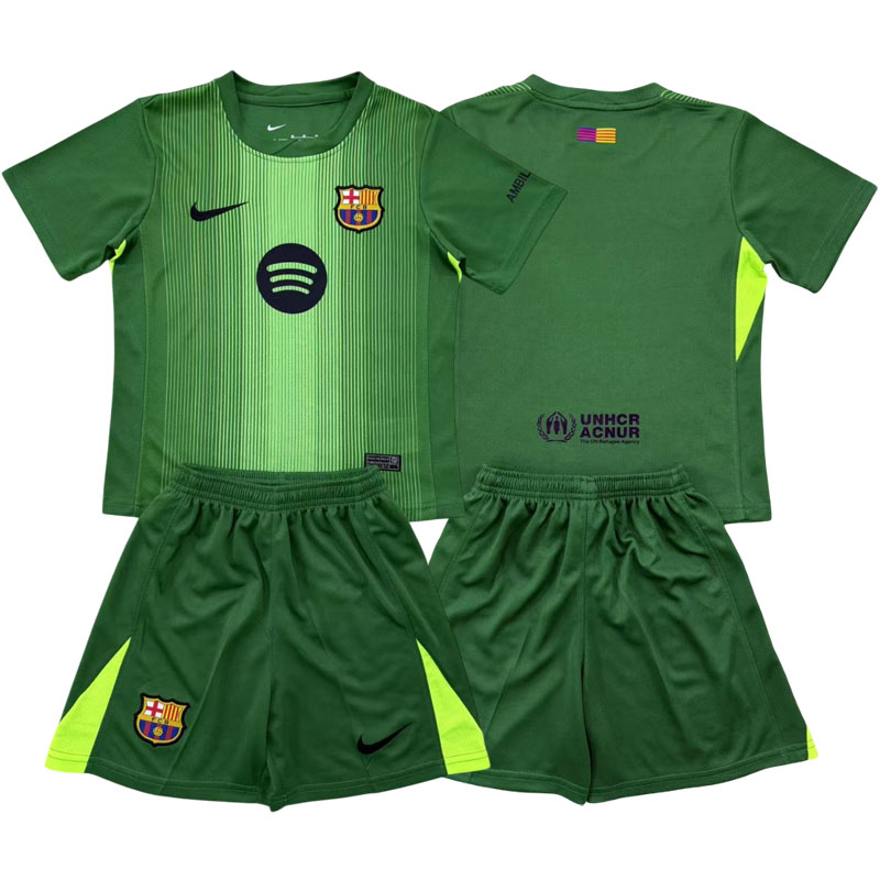 Dětský brankářský dres Barcelona 2025/26 - zelený komplet s tričkem a šortkami