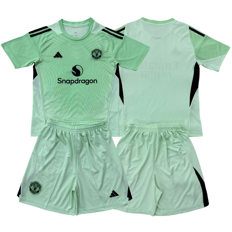 Dětský světle zelený brankářský dres Manchester United 2025/26 - fotbalový set