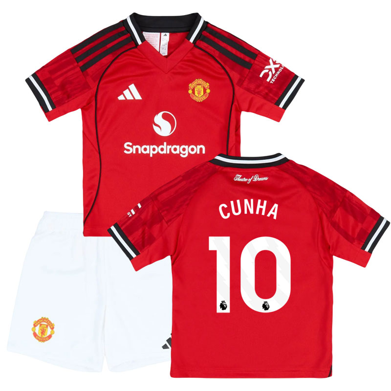 Man Utd domácí dres 2025/26 pro děti - fotbalová sada s potiskem Cunha 10