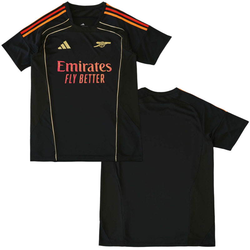 Arsenal 2025/26 pre-match tričko - černý pánský fotbalový dres se zlatými detaily