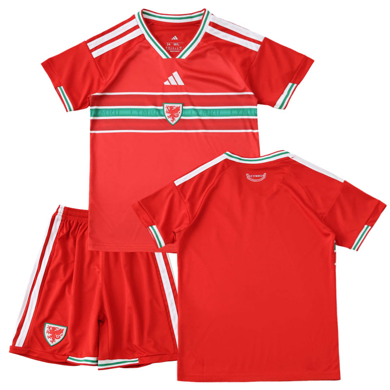Dětská fotbalová sada Wales 2026 – červený domácí dres a šortky na MS 2026