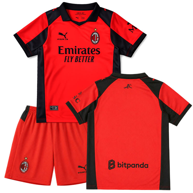 AC Milan 2025/26 čtvrtý dres děti – červený fotbalový komplet dres + šortky