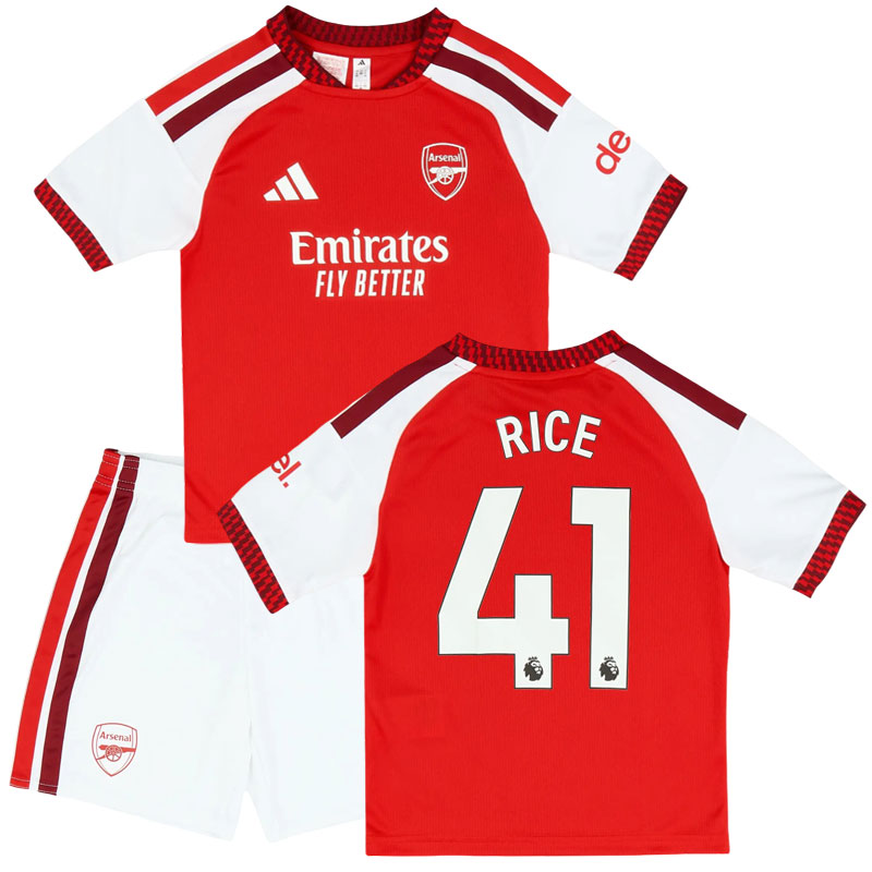 Arsenal 2026/27 dětský domácí komplet Rice 41 – fotbalový dres a trenýrky pro děti